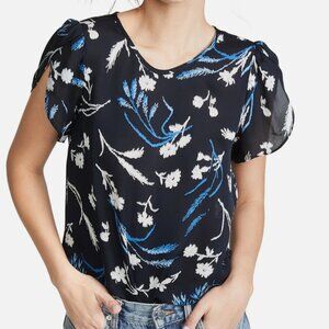 Joie Floral Silk Short Sleeve Top, Navy, Large